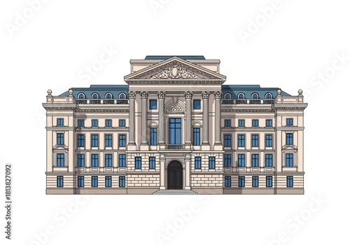 Ornate Classical Building Facade with Columns and Blue Windows