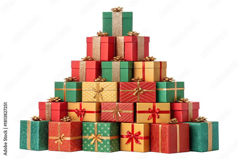 Obraz premium A vibrant pyramid of colorful wrapped Christmas gift boxes decorated with shiny ribbons and festive bows. The presents are stacked neatly in a tall triangular shape, creating a cheerful holiday compos