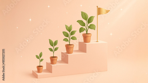 成長ステップと達成のゴール｜観葉植物のビジネスイメージ/Growth Steps and Achievement Goal | Plant Business Concept Generative AI