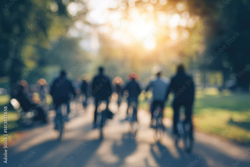 Fototapeta premium Blurred group of friends cycling in city park during sunny day, enjoying outdoor activity, healthy lifestyle, relaxation, and social connection in nature
