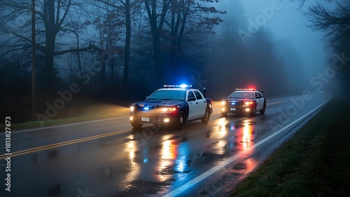 Police Cars on Wet Road Reflecting Lights in Foggy Atmospheric Conditions