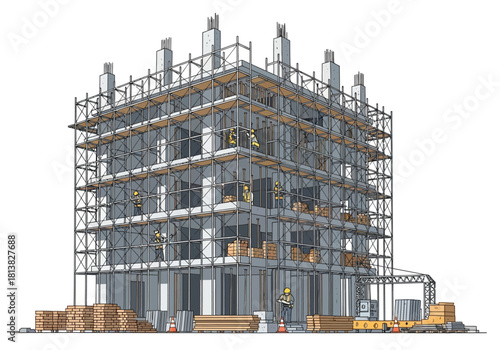 Cartoon Illustration of a Building Under Construction with Scaffolding and Workers