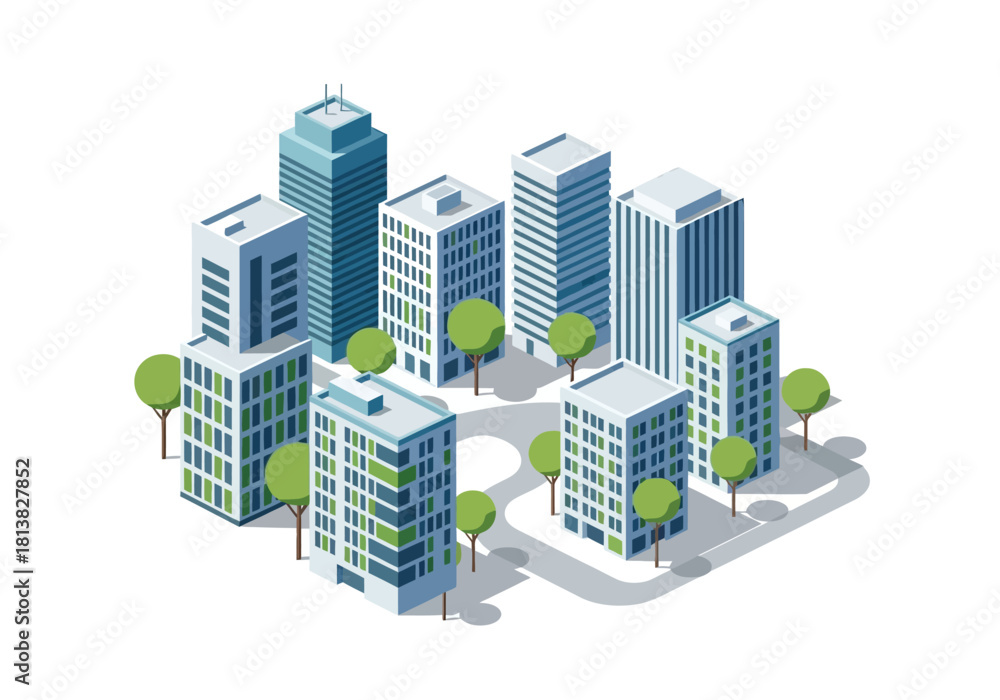 Obraz premium Isometric Cityscape with Modern Buildings and Green Trees Illustration