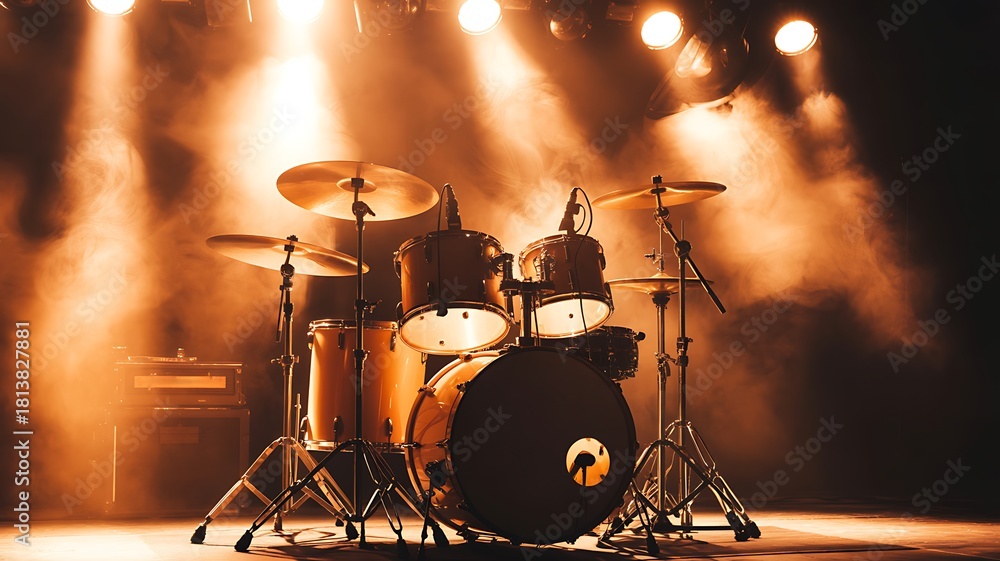 Obraz premium Professional drum kit on stage bathed in vibrant warm stage lights