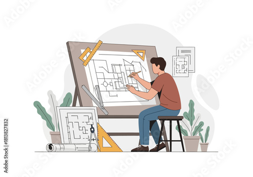 Architect Drawing Blueprint on Easel with Rulers and Geometric Tools