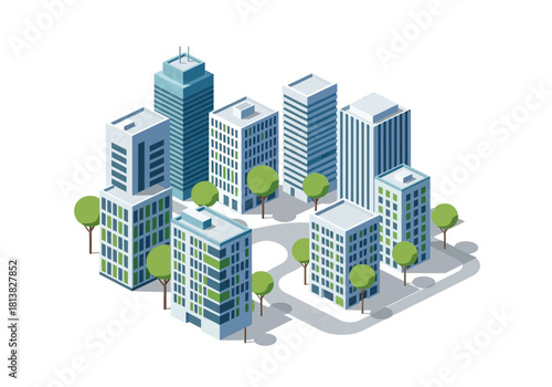 Isometric Cityscape with Modern Buildings and Green Trees Illustration
