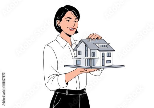 Woman Holding a Miniature House Model with a Gable Roof Design