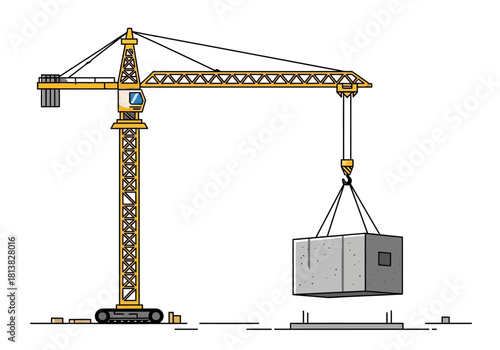 Yellow Construction Crane Lifting Concrete Block at a Building Site