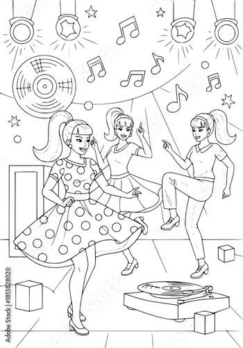 Girls are listening to an old record and dancing rock and roll. coloring book