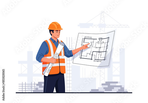 Architect Reviewing Blueprint at Construction Site with Hard Hat and Safety Vest
