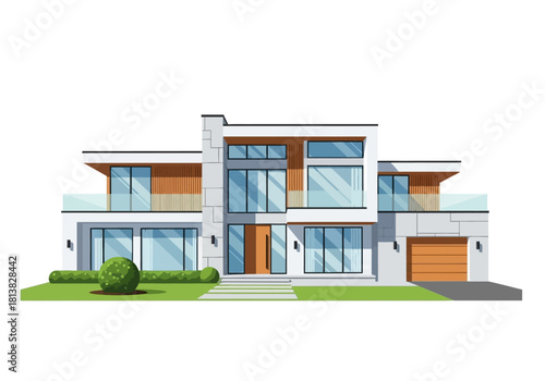 Modern Two-Story House with Balconies, Large Windows, and Landscaped Yard