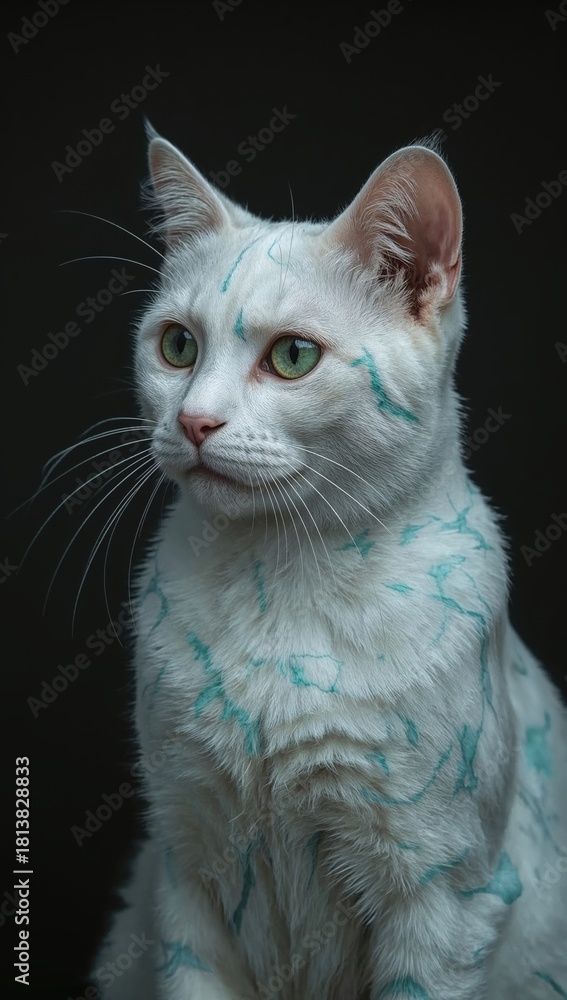 Fototapeta premium Majestic white cat with emerald eyes and blue markings against dark background, unique feline animal portrait closeup