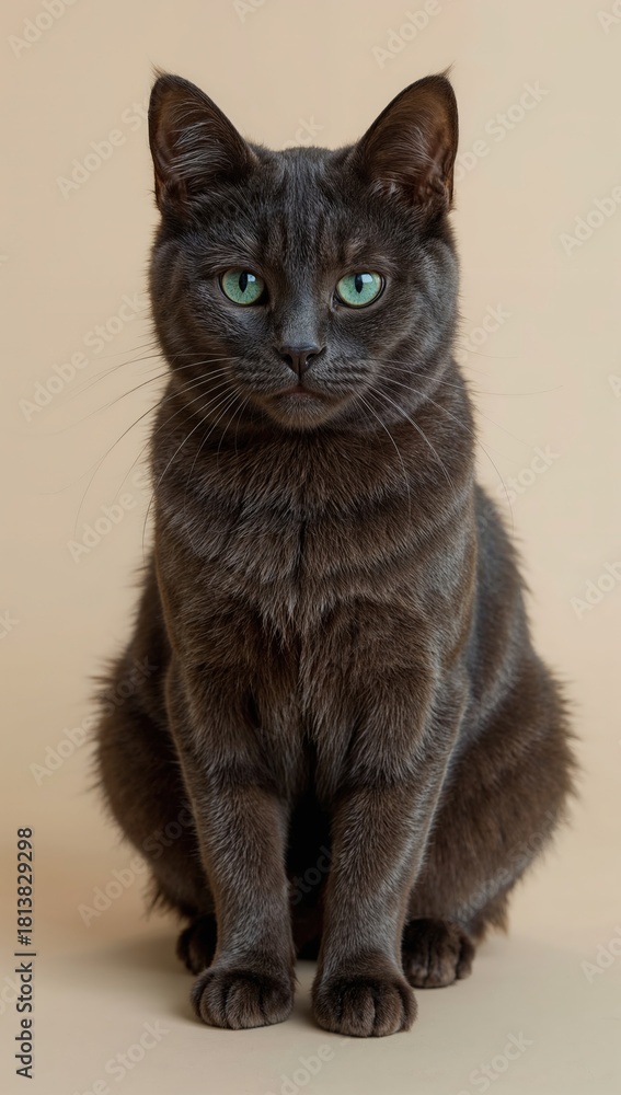Fototapeta premium Beautiful smoky gray cat with green eyes sitting on neutral background, whiskers forward, short fur, calm expression, domestic pet portrait
