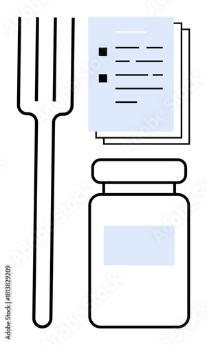 Fork beside checklist and supplement bottle conveys planning for nutrition, wellness, and healthcare. Ideal for diet planning, healthcare, wellness promotion, balanced living, meal tracking, fitness