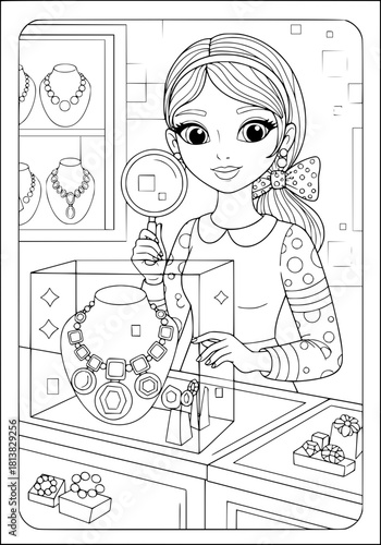 portrait of a jewelry store clerk. coloring book
