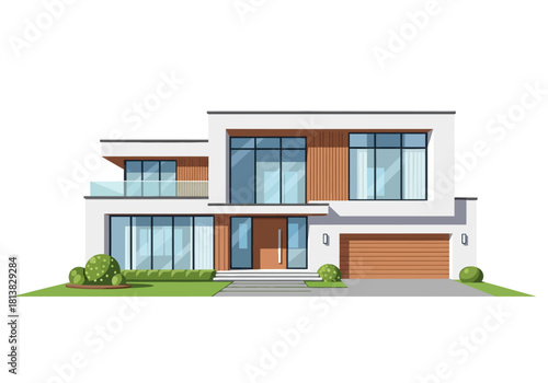 Modern Two-Story House with Wood Accents and Large Windows