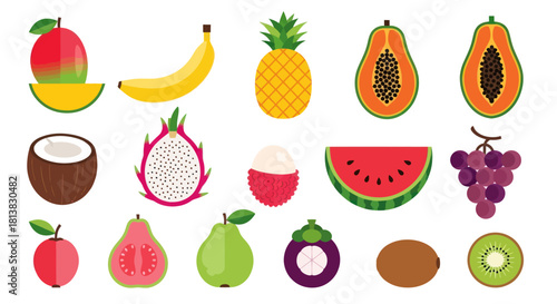 Assortment of vibrant tropical fruits in a flat design style on white backdrop