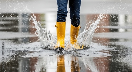 Fototapeta Naklejka Na Ścianę i Meble -  Big Water Splash Made by a Small Person in Bright Yellow Rubber Boots