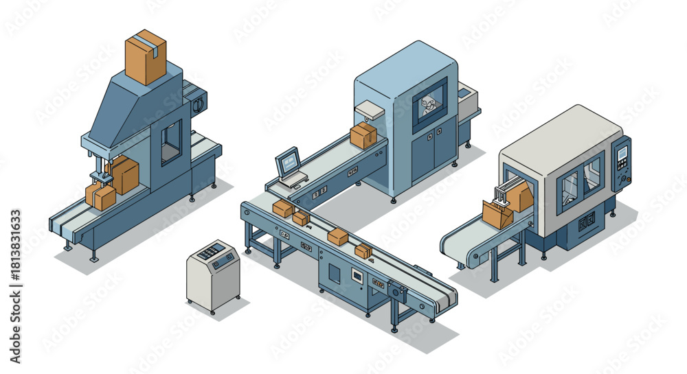 Obraz premium Modern isometric factory automation: sophisticated conveyor system and packaging machinery