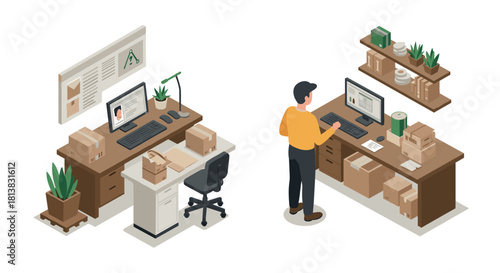 Isometric home office setup with desk organizer and indoor plants