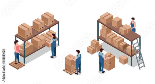 Warehouse workers organizing cardboard boxes on shelves in isometric style