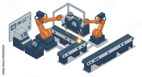 Isometric robotic assembly line with conveyor belts and welding sparks