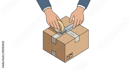 Packing a box with tape: hands sealing a cardboard parcel for shipping