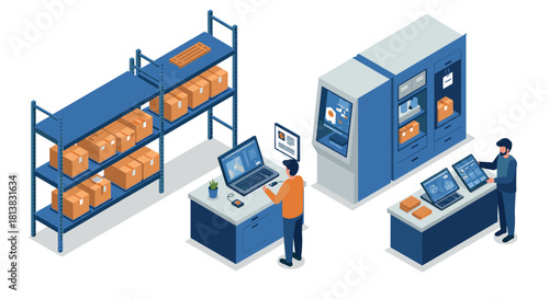Efficient warehouse management with modern technology in isometric style