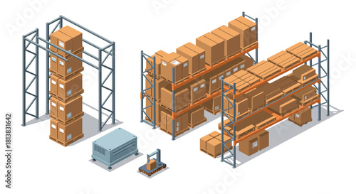Isometric warehouse shelving and box storage solutions with industrial equipment