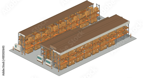 Isometric warehouse with stacked shelving and boxes
