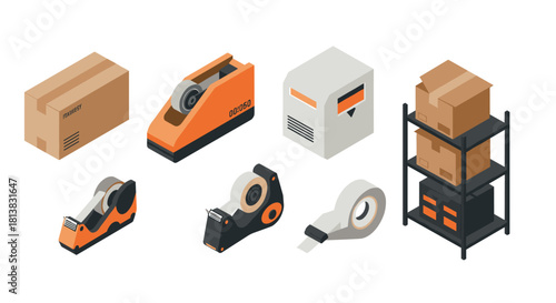 Isometric packaging tools and storage solutions for e-commerce and shipping needs