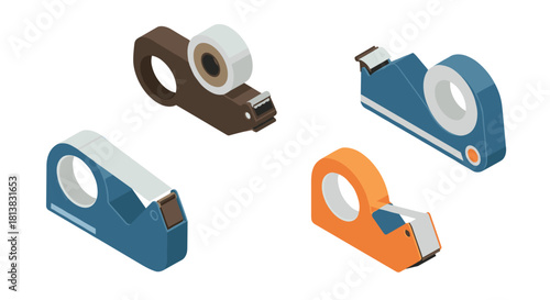 Isometric tape dispenser collection in vibrant colors and modern design