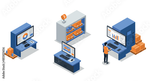 Isometric office workspace with computer, shelves, and warehouse boxes for modern business analysis