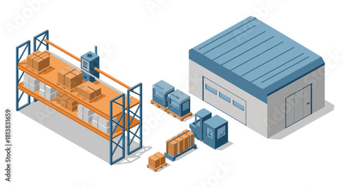 Isometric warehouse scene with storage racks and delivery equipment