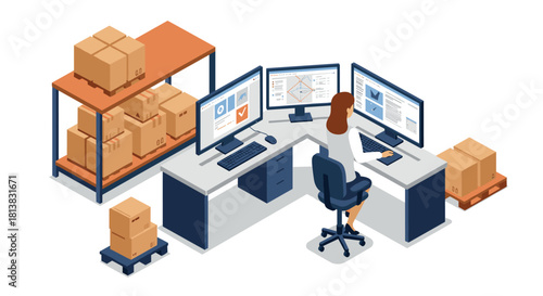 Isometric office setup with female employee managing warehouse inventory on multiple screens