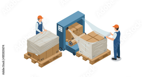 Isometric warehouse workers wrapping pallets with stretch film