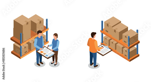 Isometric warehouse workers managing inventory with boxes on shelves