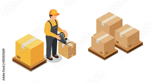 Isometric packaging worker taping cardboard boxes for shipping and delivery
