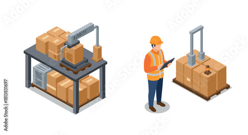 Warehouse automation and logistics concept with worker and conveyor system