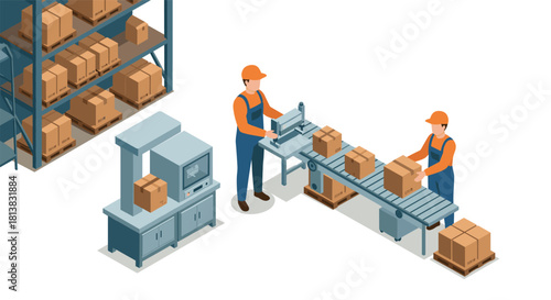 Isometric warehouse conveyor system with workers packing boxes