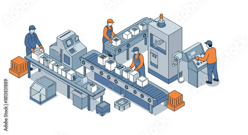 Isometric factory automation with conveyor belt and workers in protective gear