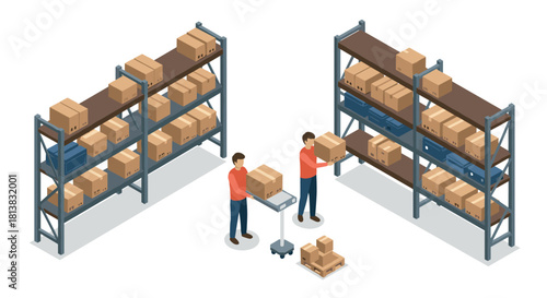 Warehouse storage with workers in isometric style for logistics and inventory management