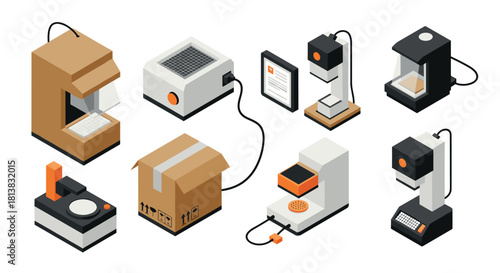 Isometric 3d factory machines and equipment set for manufacturing automation