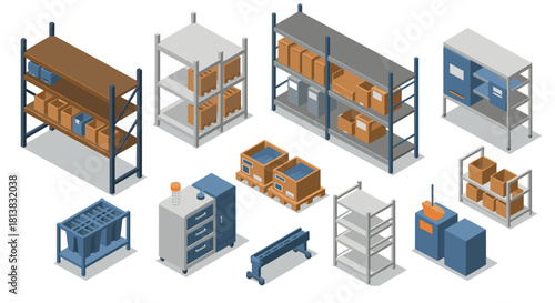 Isometric warehouse shelving and storage solutions for modern logistics