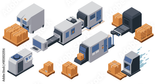 Isometric package sorting conveyors and equipment in a modern warehouse scene