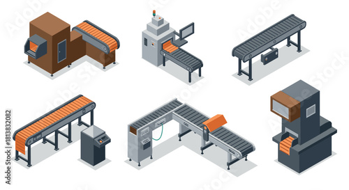 Isometric industrial machines set with conveyors and packaging equipment