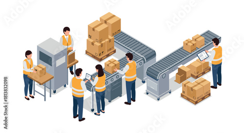 Warehouse workers managing conveyor belt and packages in isometric style