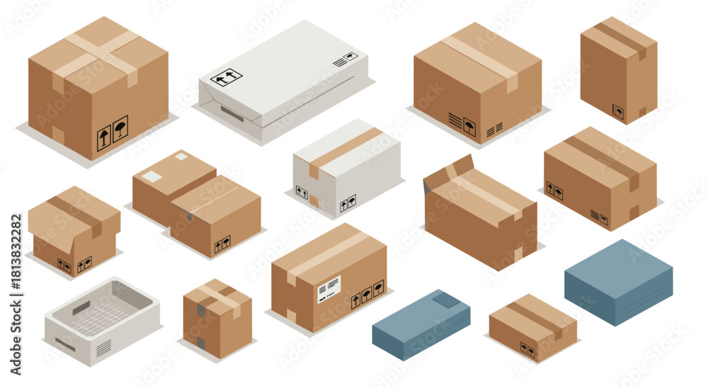 Fototapeta premium Isometric cardboard and shipping boxes set for delivery and packaging