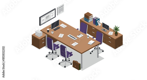 Modern office workspace with isometric design and office furniture setup