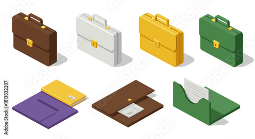 Isometric briefcase and document organizer set in various colors